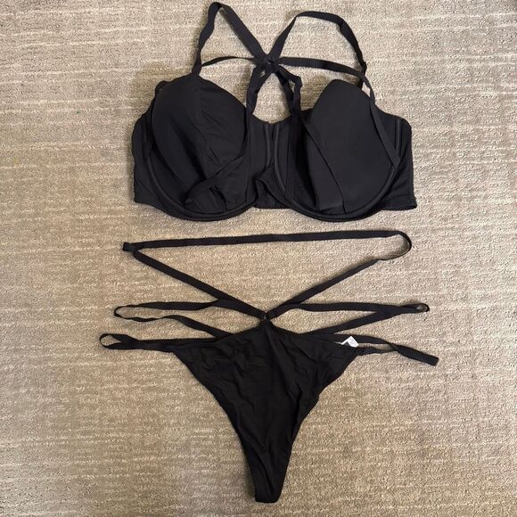 Adore Me Raka Contour Plus Black Sexy Strappy Bra Lingerie Set 40G 2X EUC - Picture 1 of 10